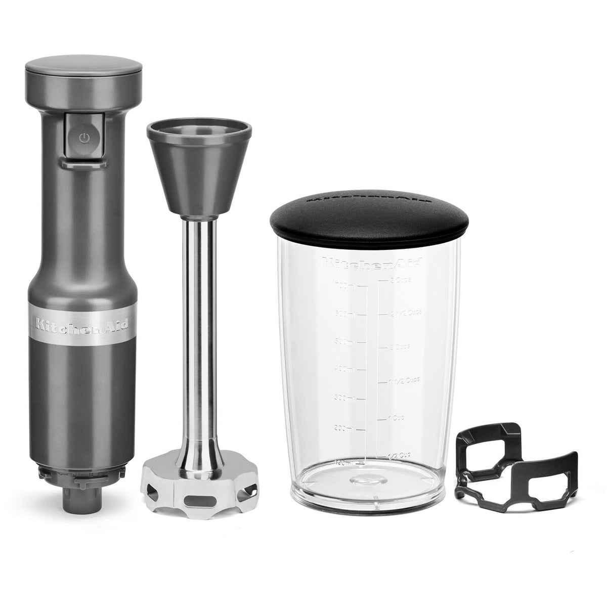 Charcoal grey immersion blender with blending jar, lid, and metal blending base