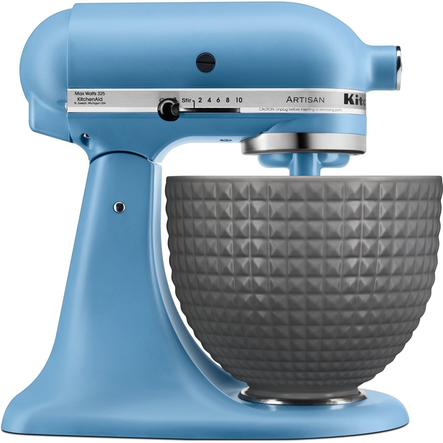 Blue tilt-head stand mixer with stainless bowl and textured gray bowl cover