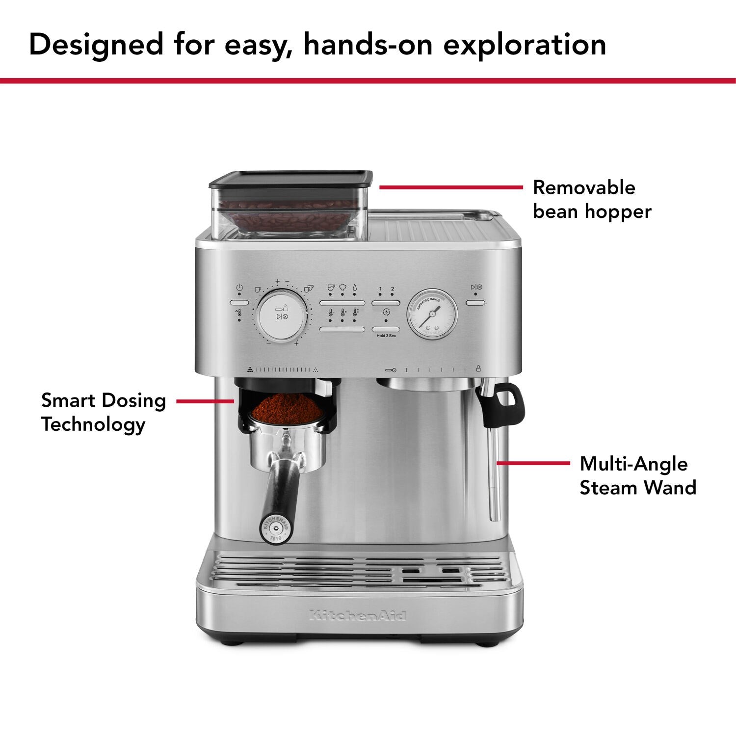 Stainless steel espresso machine with open hopper and steam wand