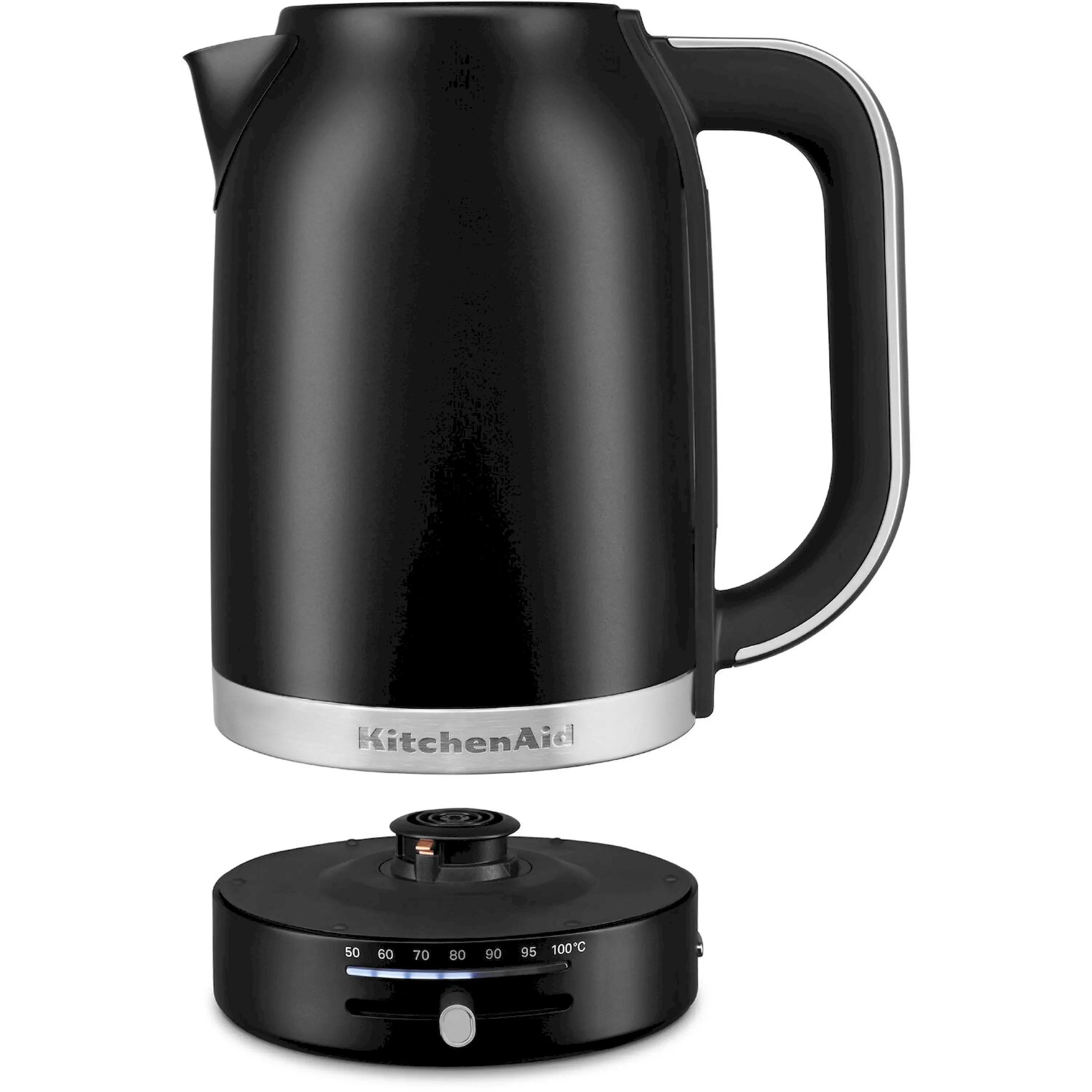 Matte black electric kettle with brushed steel base and side handle