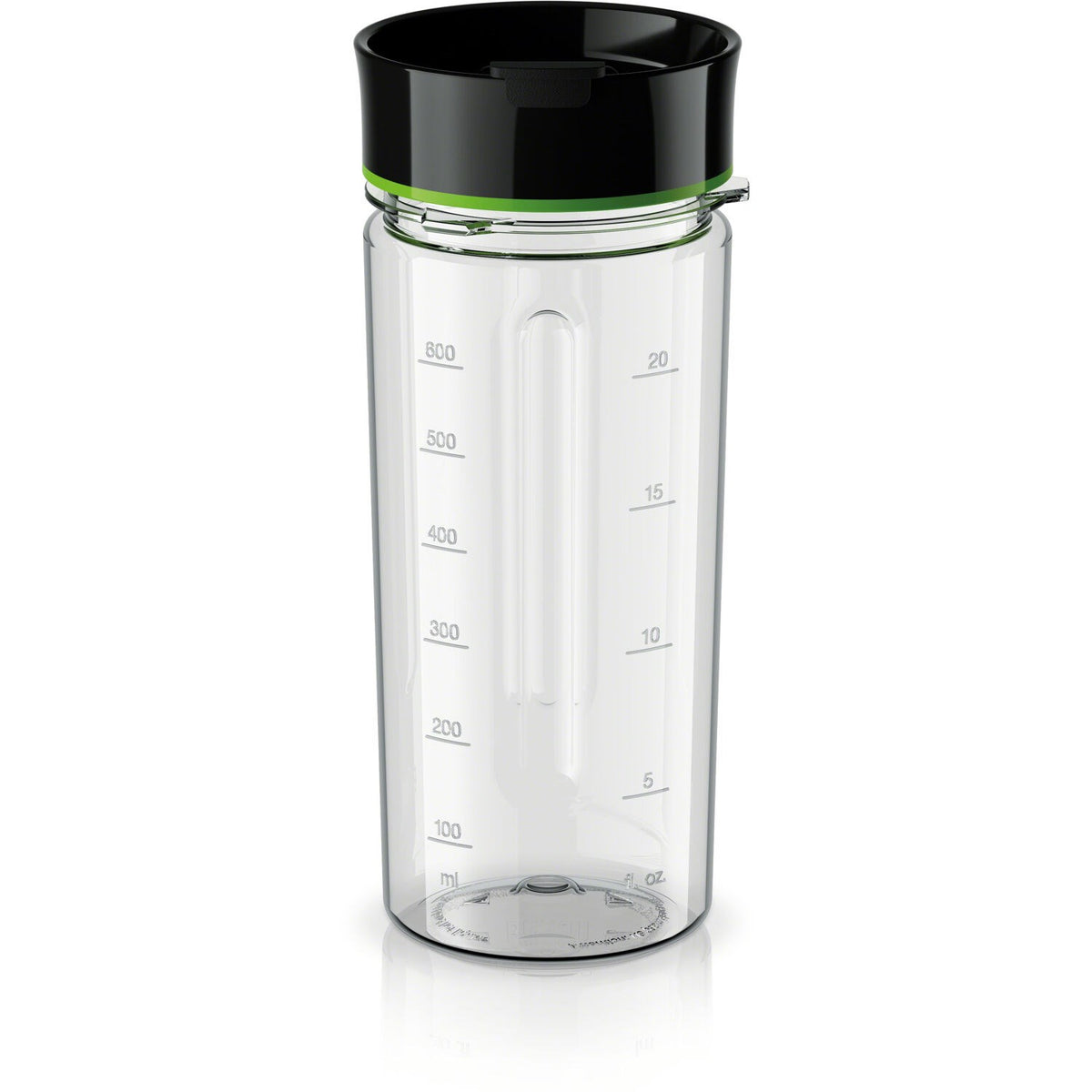 Black blender blending jar with graduated markings and black top