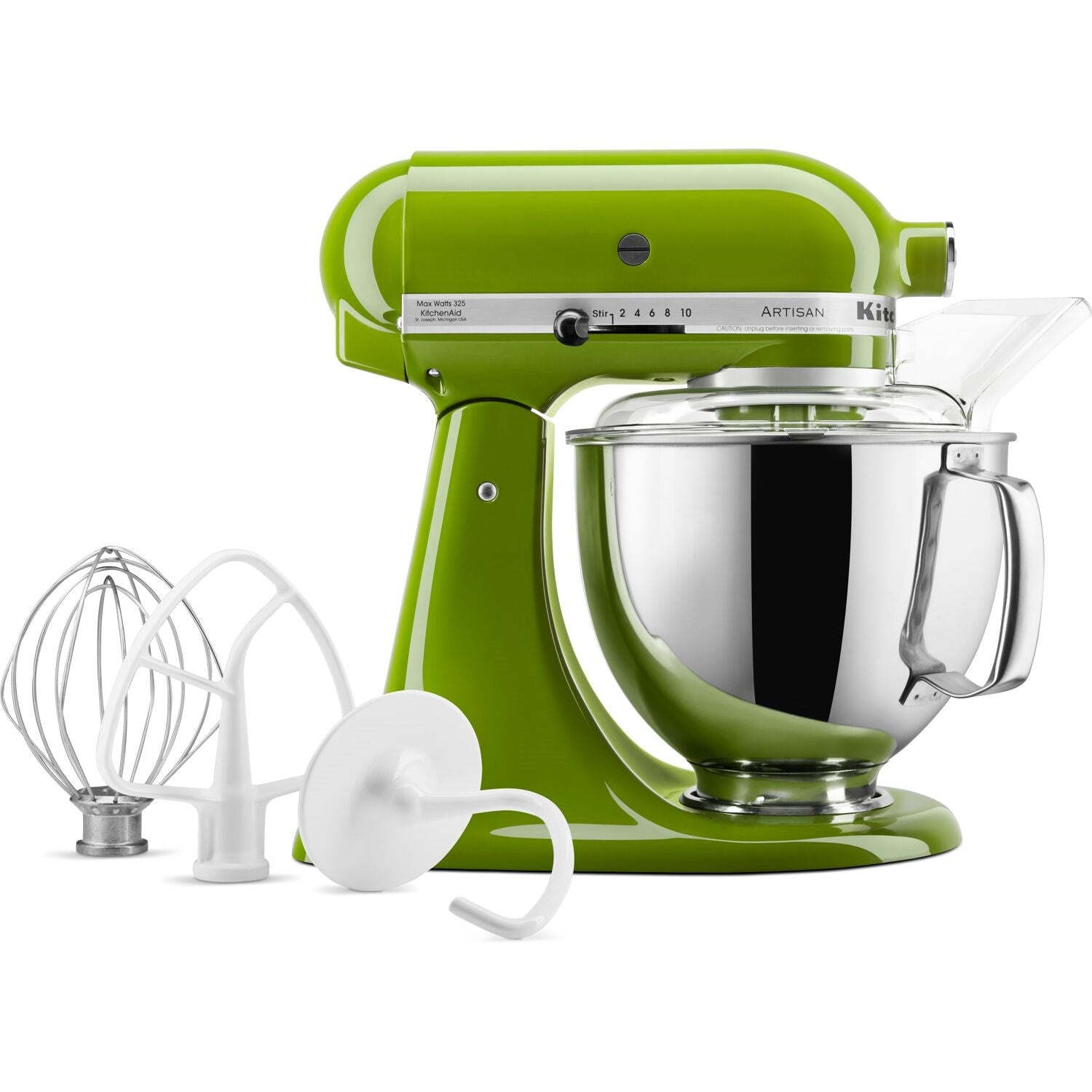 Matcha green tilt-head stand mixer with stainless bowl and wire whisk attachment