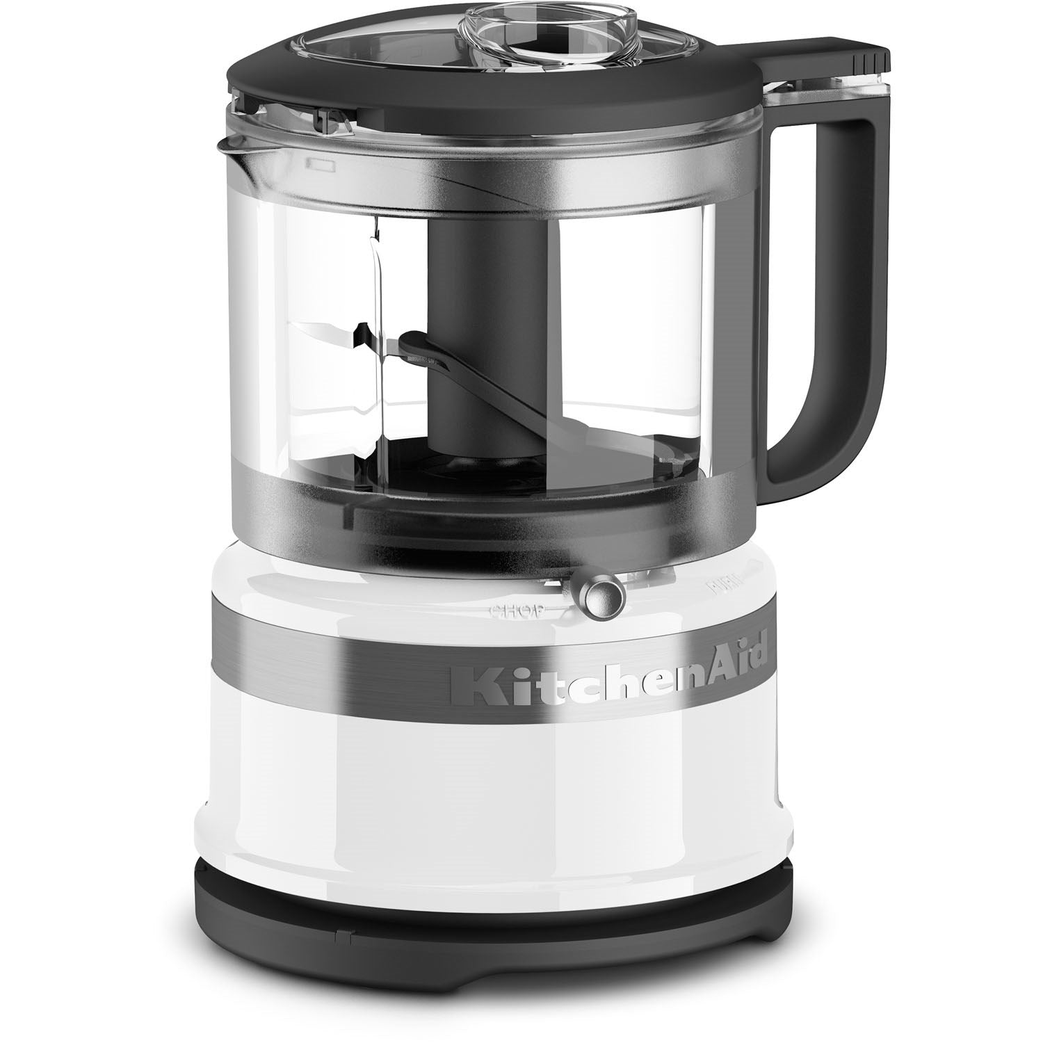 White food chopper with clear bowl and black blade, visible handle and base