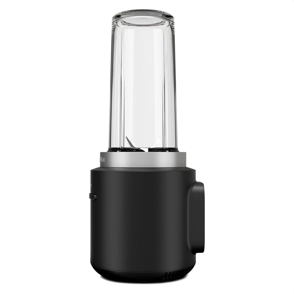 Side view of black matte personal blender base with clear blending jar