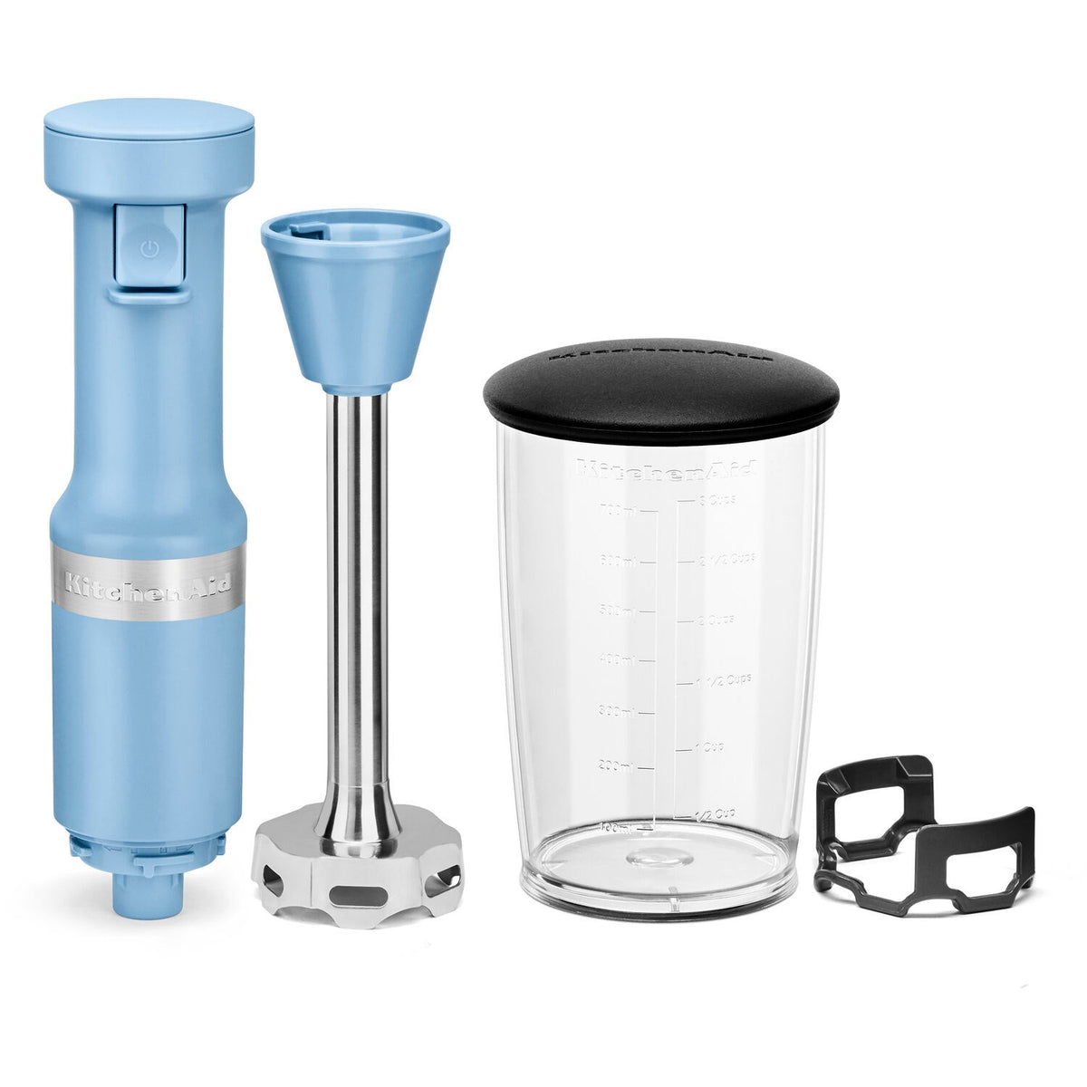 Blue immersion blender with blending jar and lid