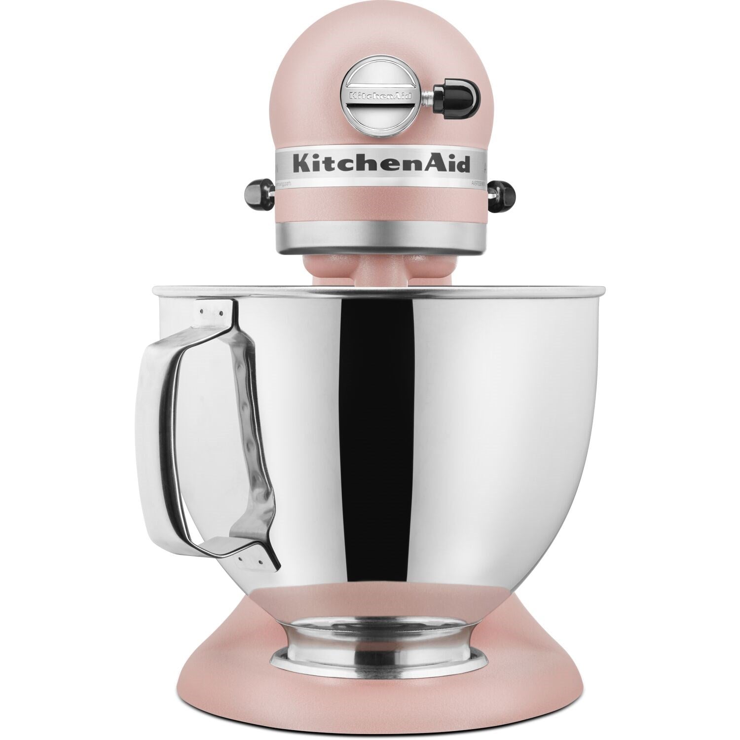 Peach tilt-head stand mixer with stainless bowl and top-mounted control dial.