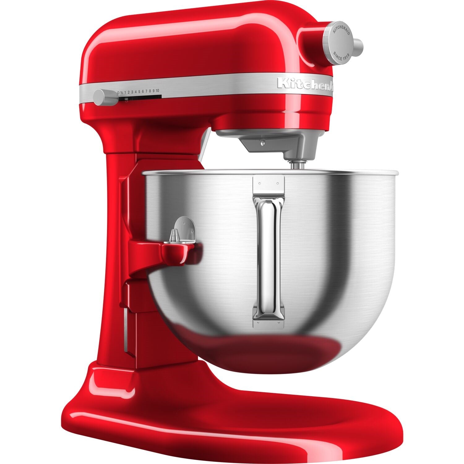 Red stand mixer with stainless mixing bowl and tilt-up mixing head