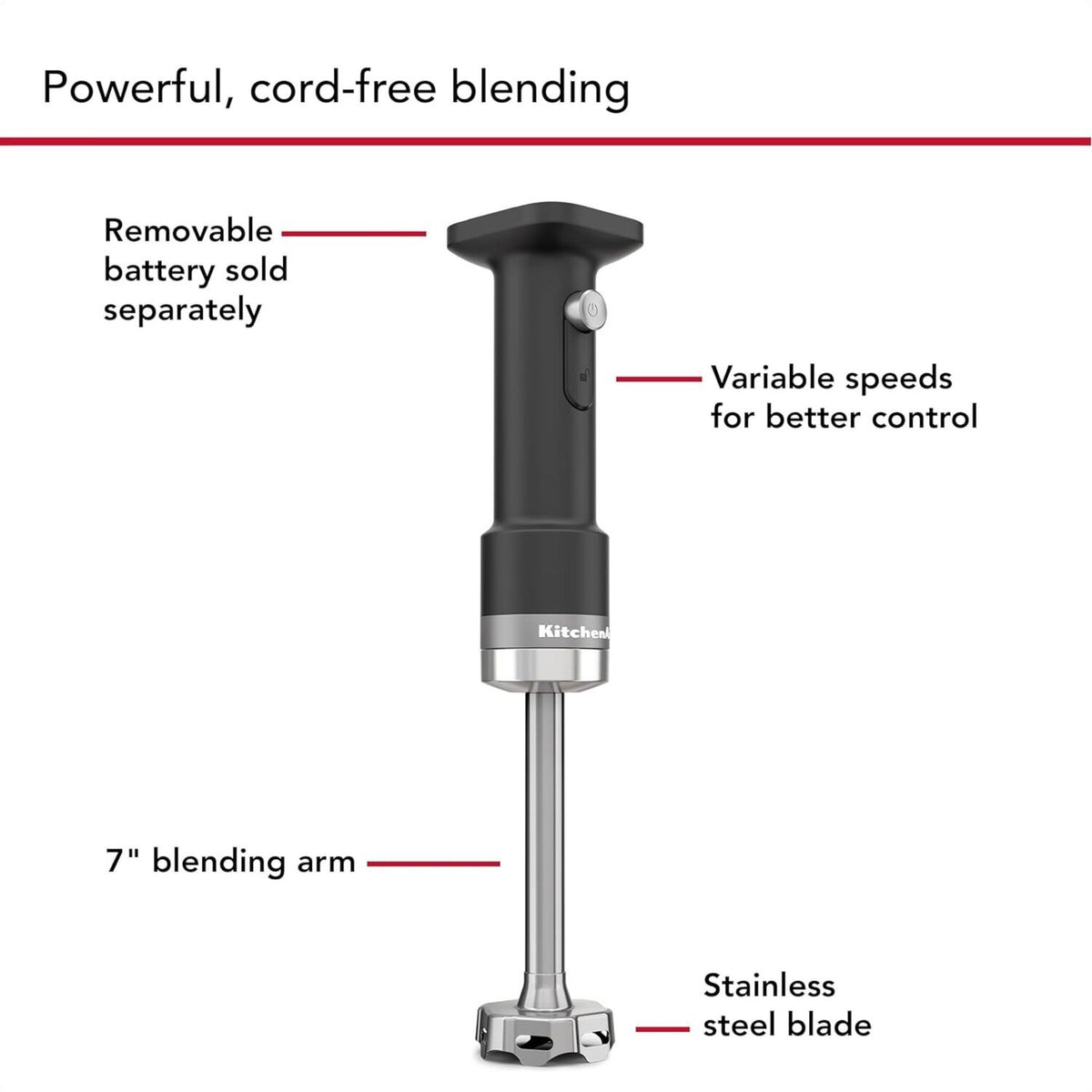 Cordless hand blender with black handle and stainless steel blade at the base.