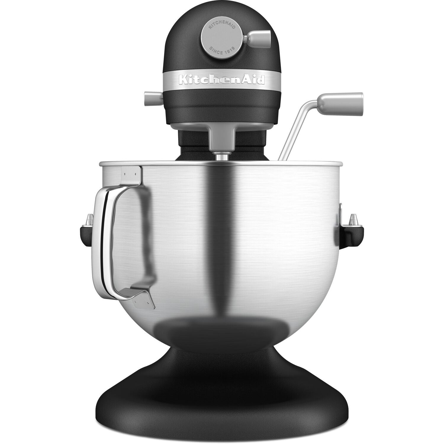 Black stand mixer with stainless bowl and top speed control knob