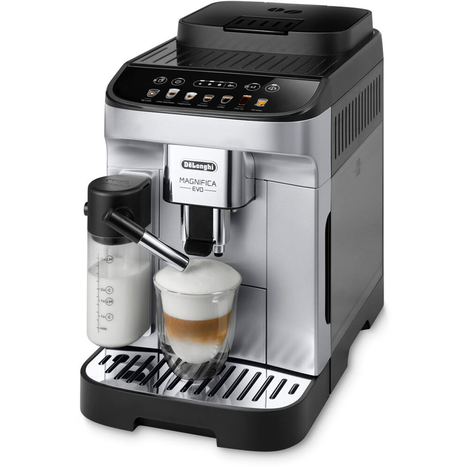 De'Longhi Magnifica Evo coffee machine front view with steam frother and drip tray