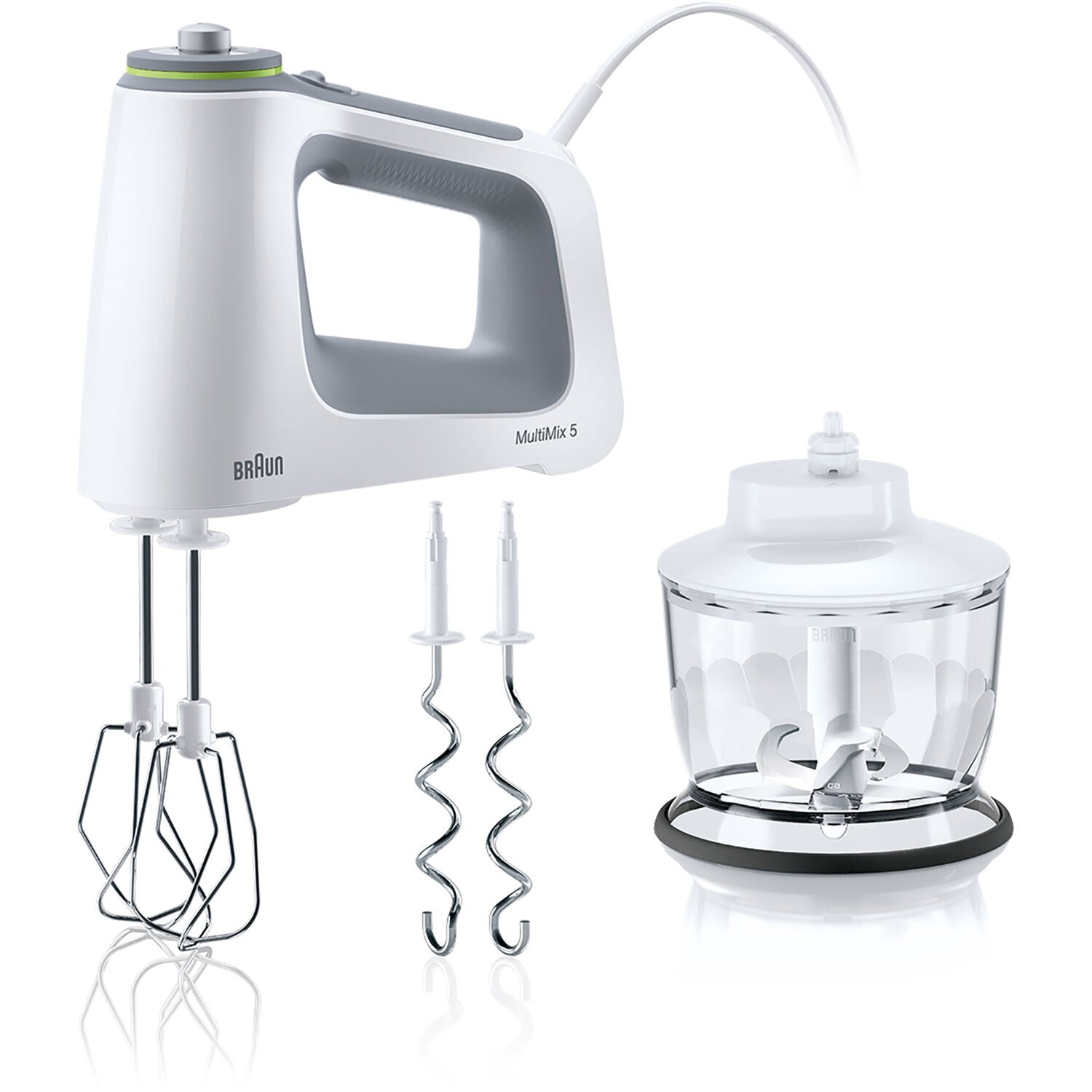 White hand mixer with beaters and dough hooks, plus mixing bowl accessory