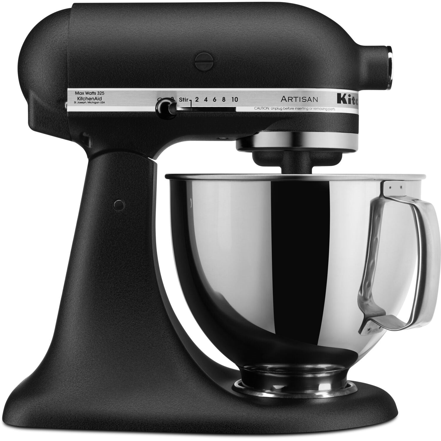 Black tilt-head stand mixer with stainless bowl and mixing paddle attachment