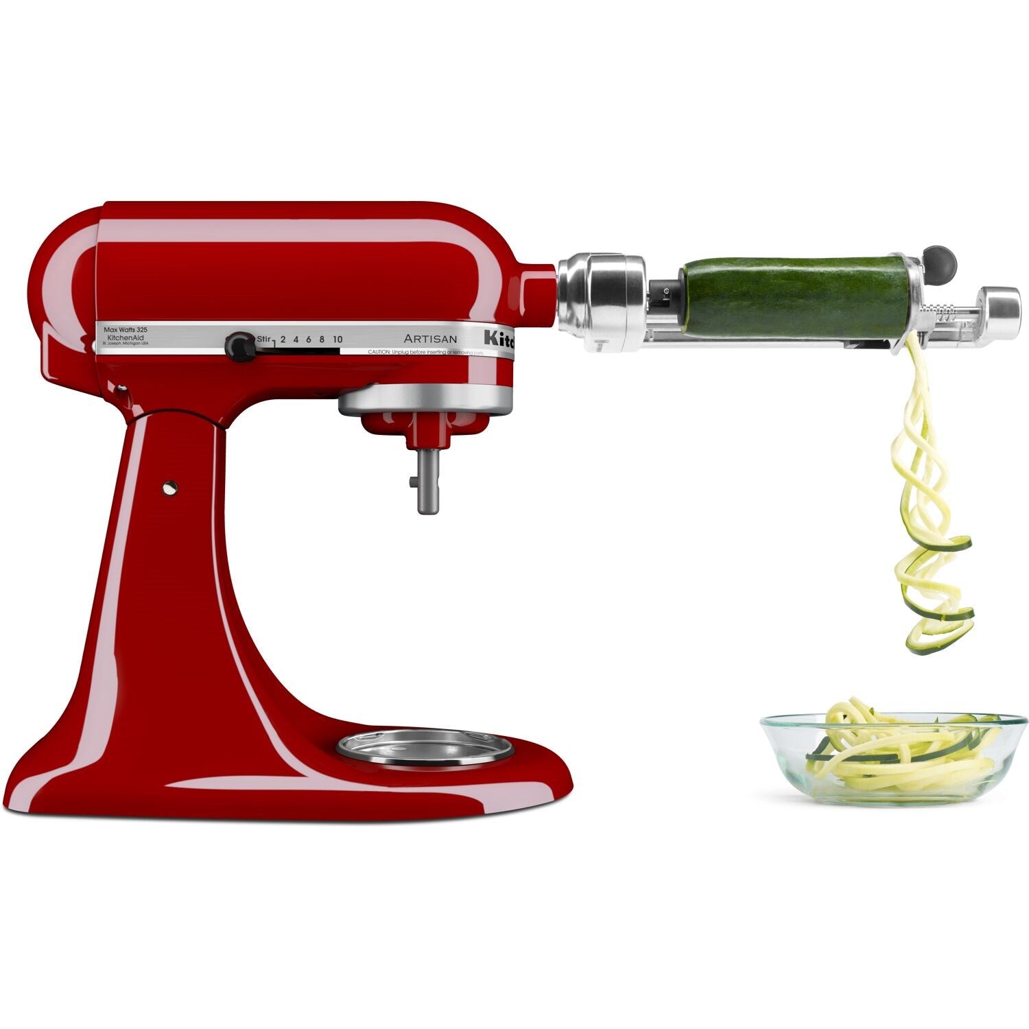 Empire red stand mixer head with stainless bowl and green spiral beater attachment