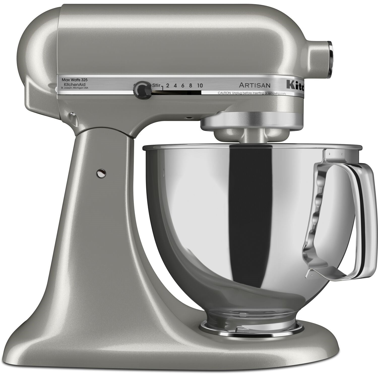 Contour silver stand mixer head with speed dial and mixing bowl attachment