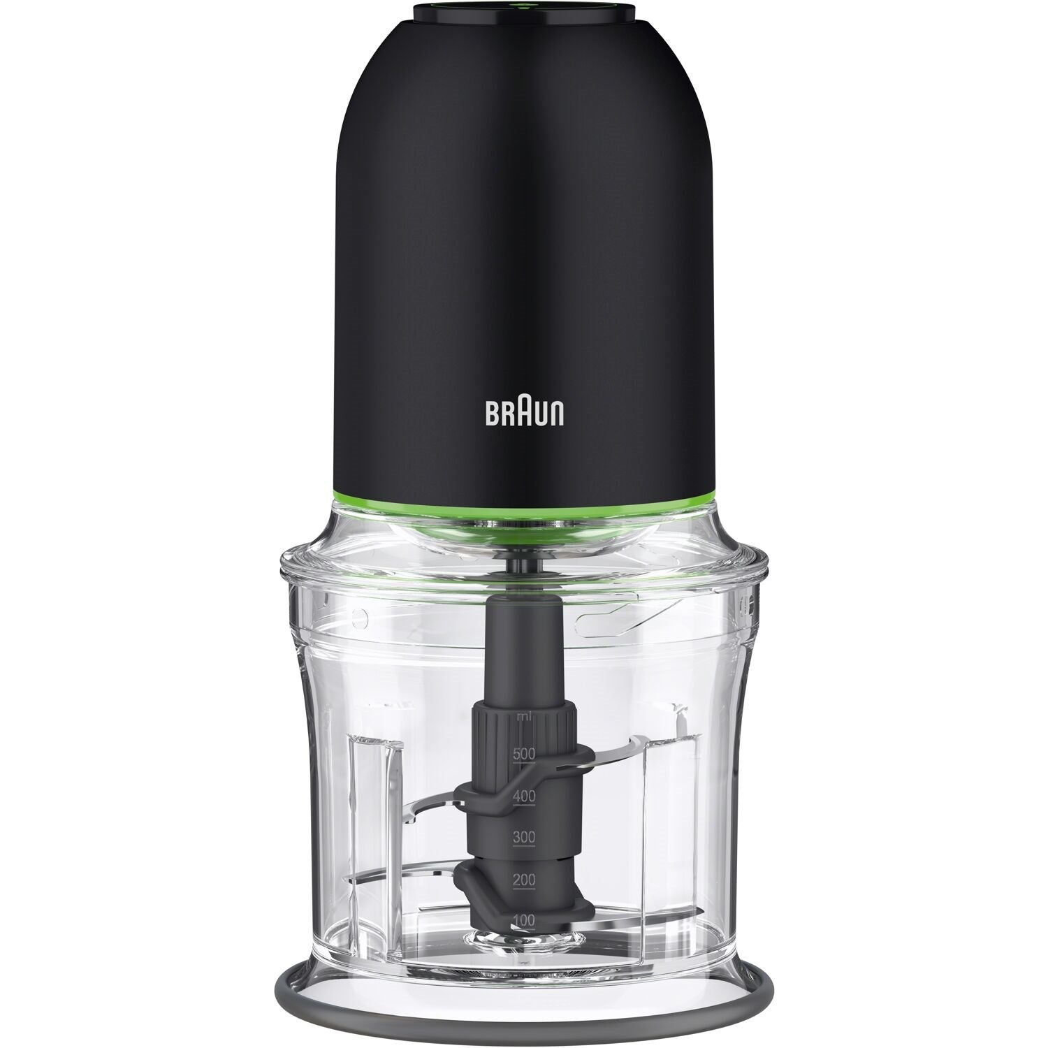 Black Braun mini food chopper with clear bowl and visible chopping blade assembly