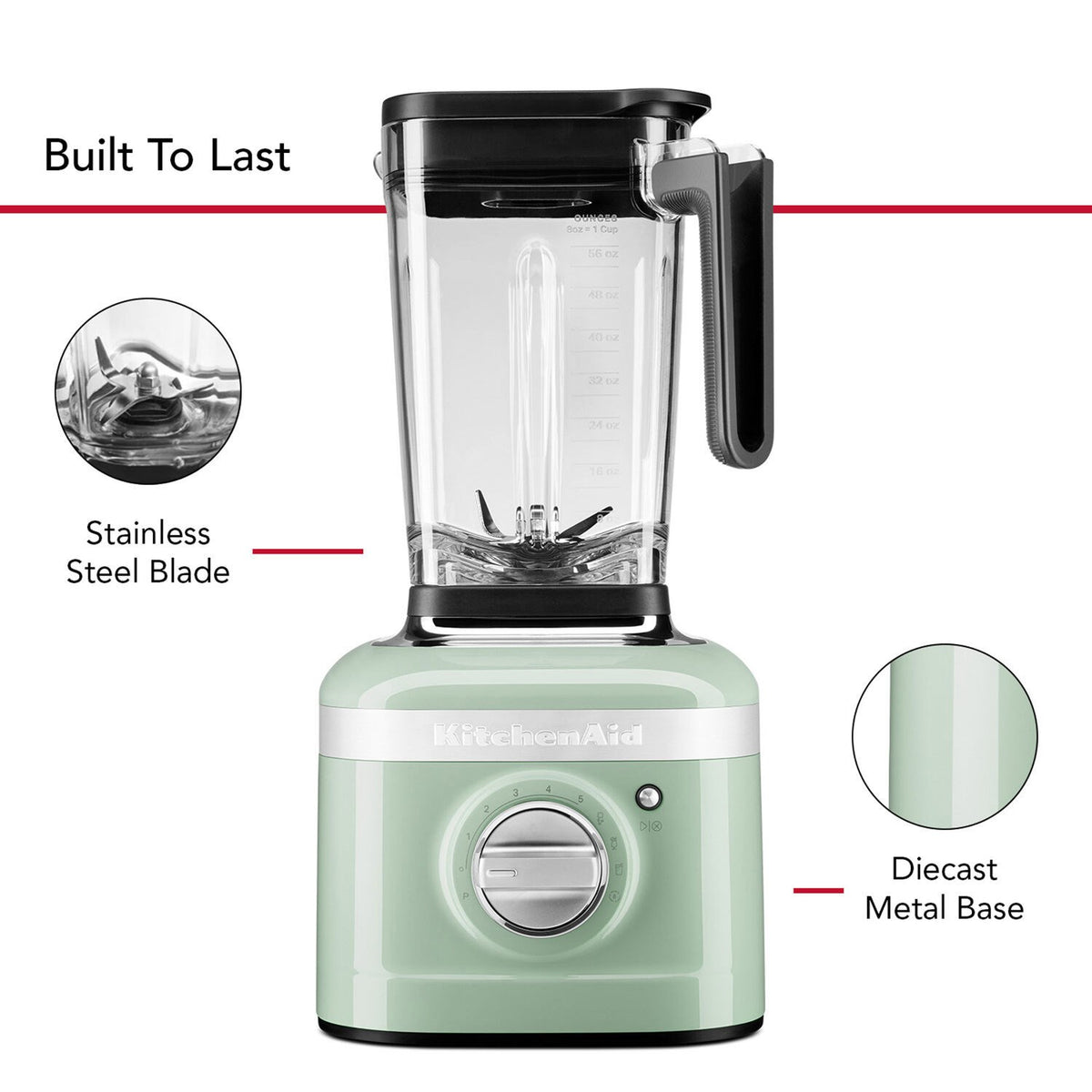 KitchenAid K400 blender with clear jar and pistachio base, black dial