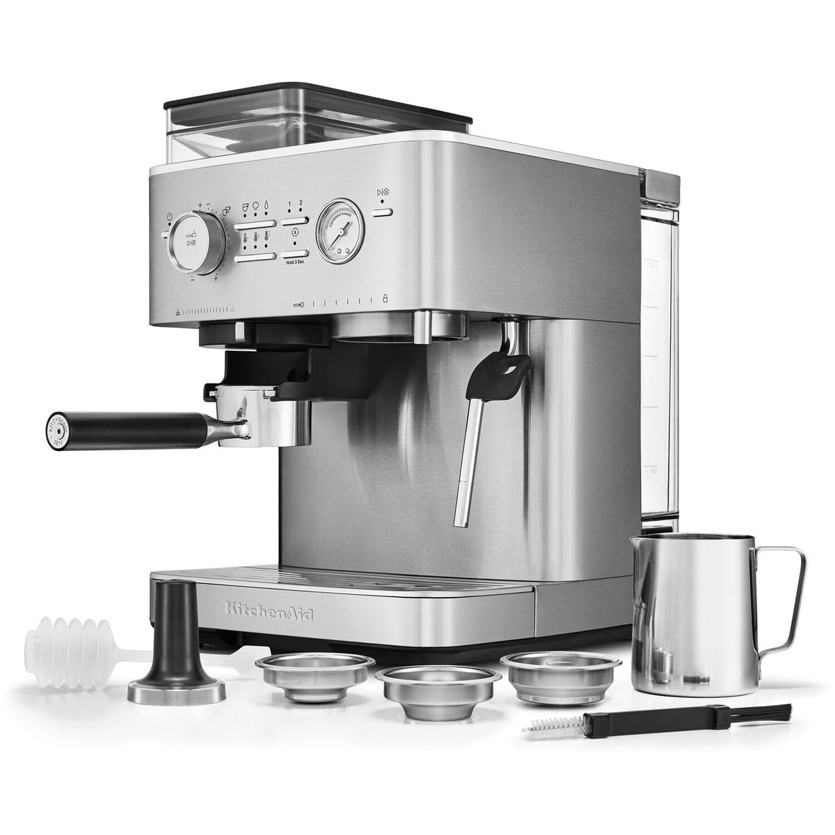 Stainless steel semi-automatic espresso machine with portafilter and drip tray