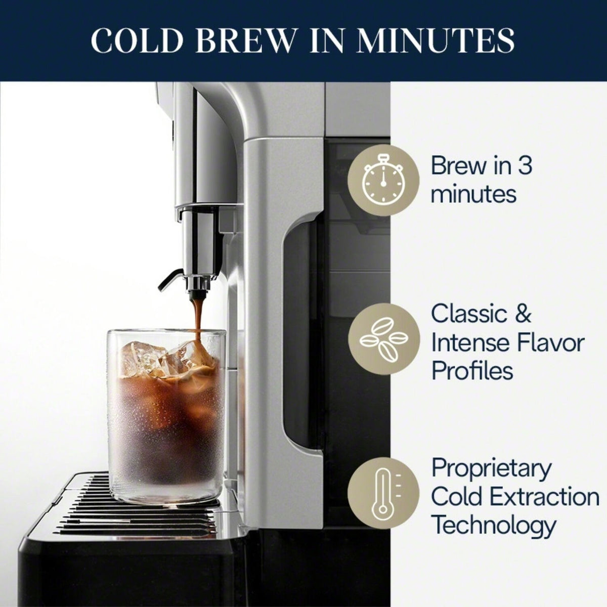 Fully automatic espresso machine cold brew spout dispensing into a glass