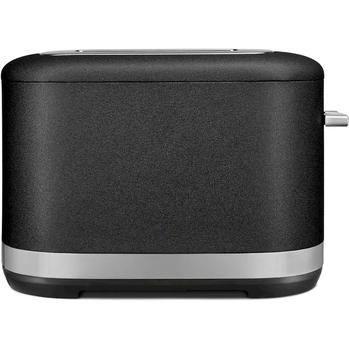 Black 2-slice toaster side view with open slots and silver trim base