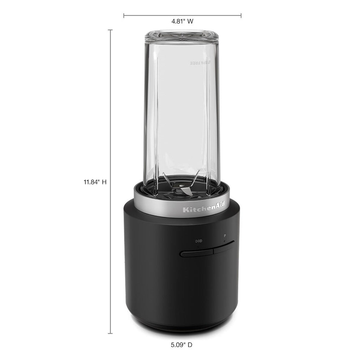 Black matte personal blender base with clear blending jar and blade assembly