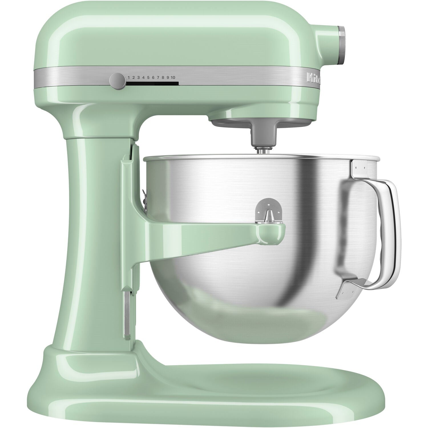 Pistachio stand mixer close-up with stainless bowl and metal handle