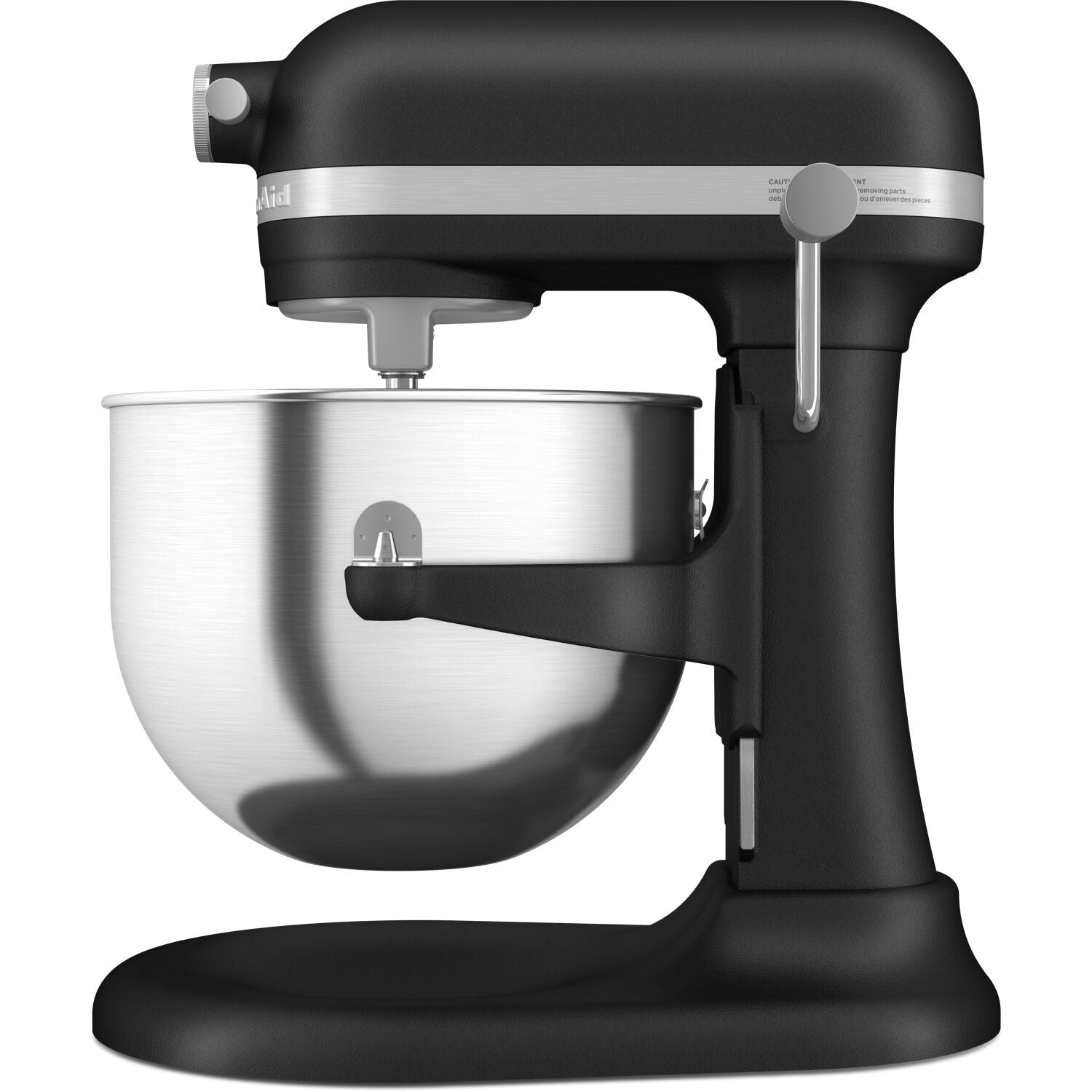 Black bowl-lift stand mixer with stainless bowl and front mixing paddle
