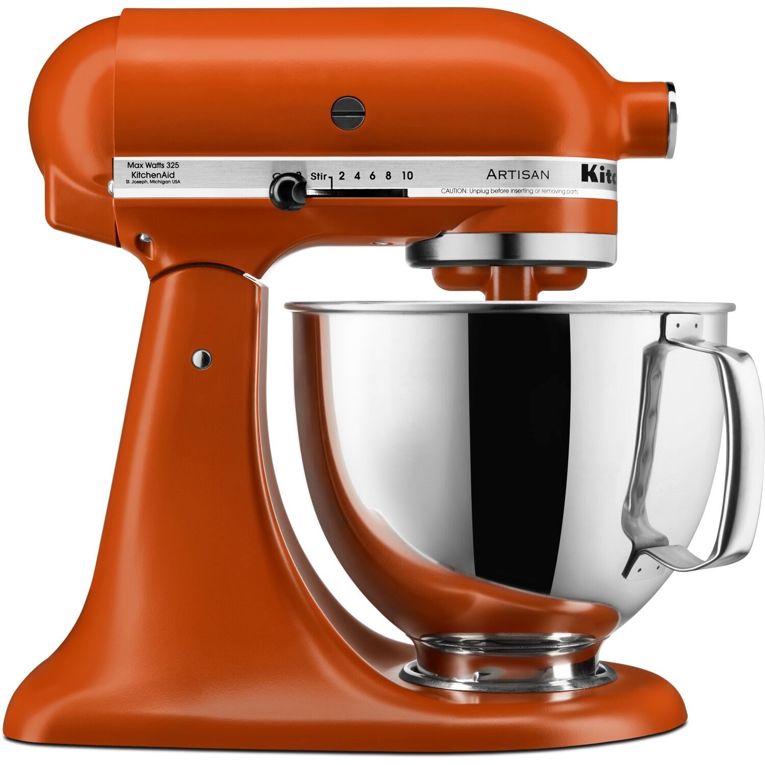 Scorched orange KitchenAid Artisan tilt-head stand mixer with metal mixing bowl