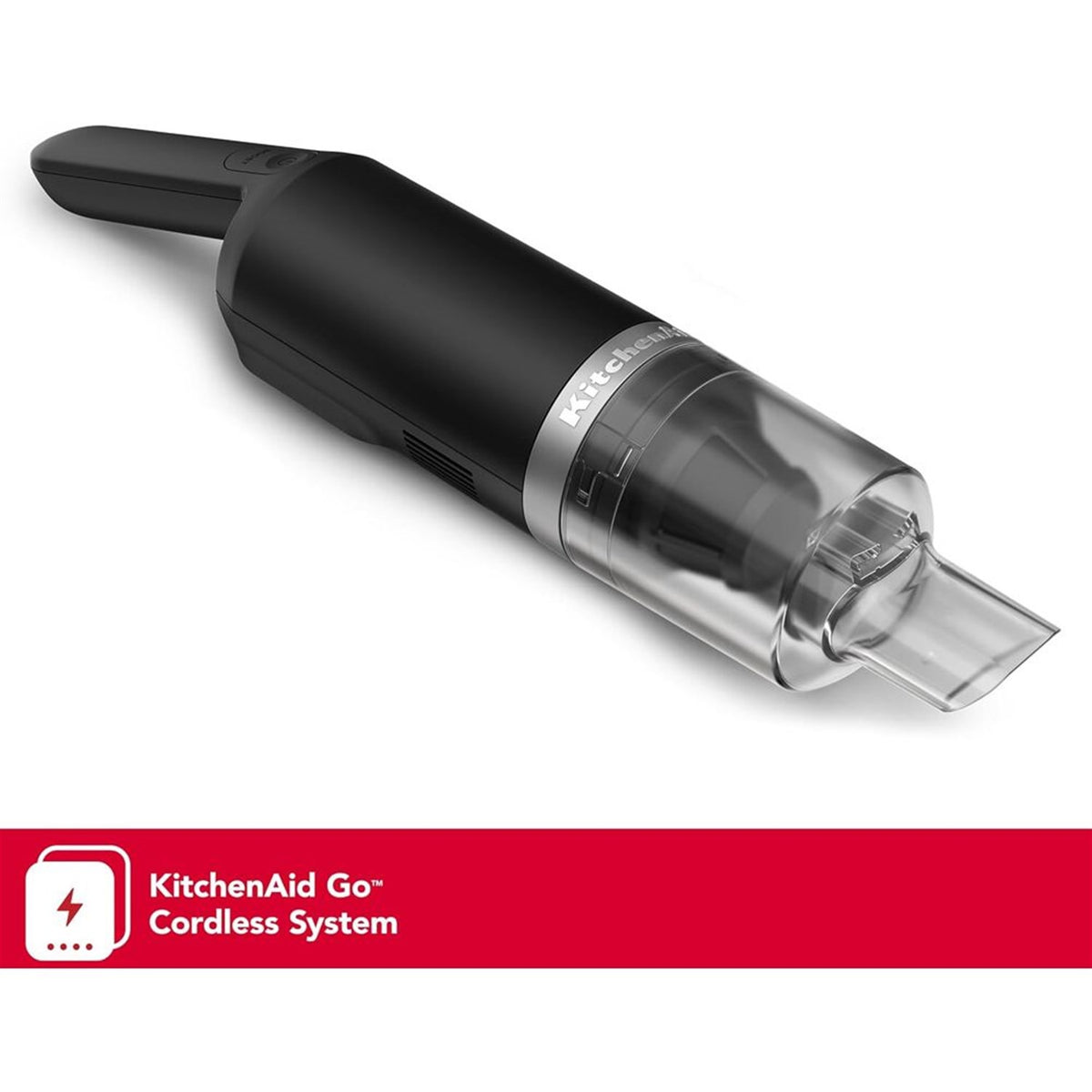 KitchenAid cordless kitchen vacuum, black matte with clear dust cup and nozzle