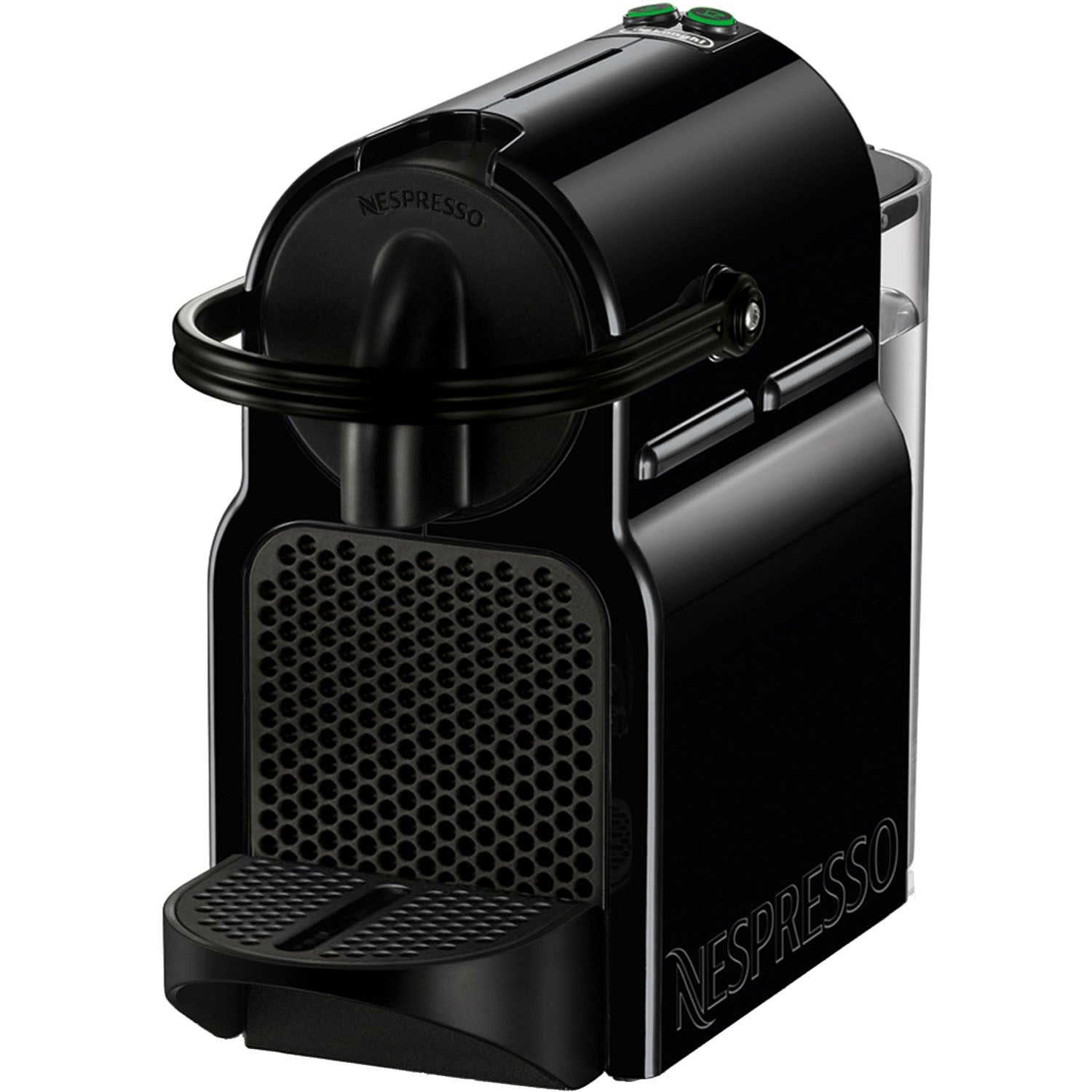 Black Nespresso single-serve espresso machine with hinged lid and drip tray