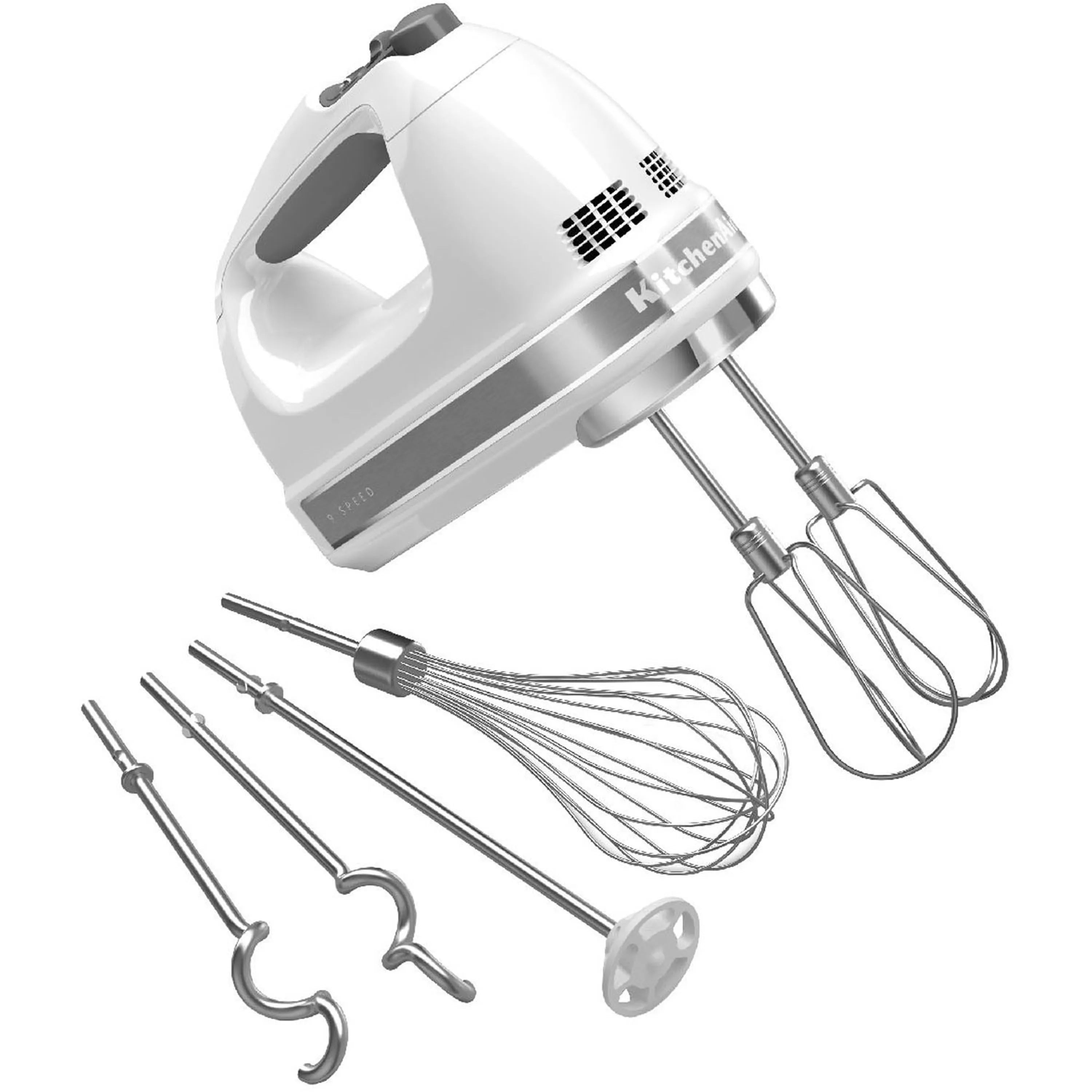 White hand mixer with included whisk and beaters accessories