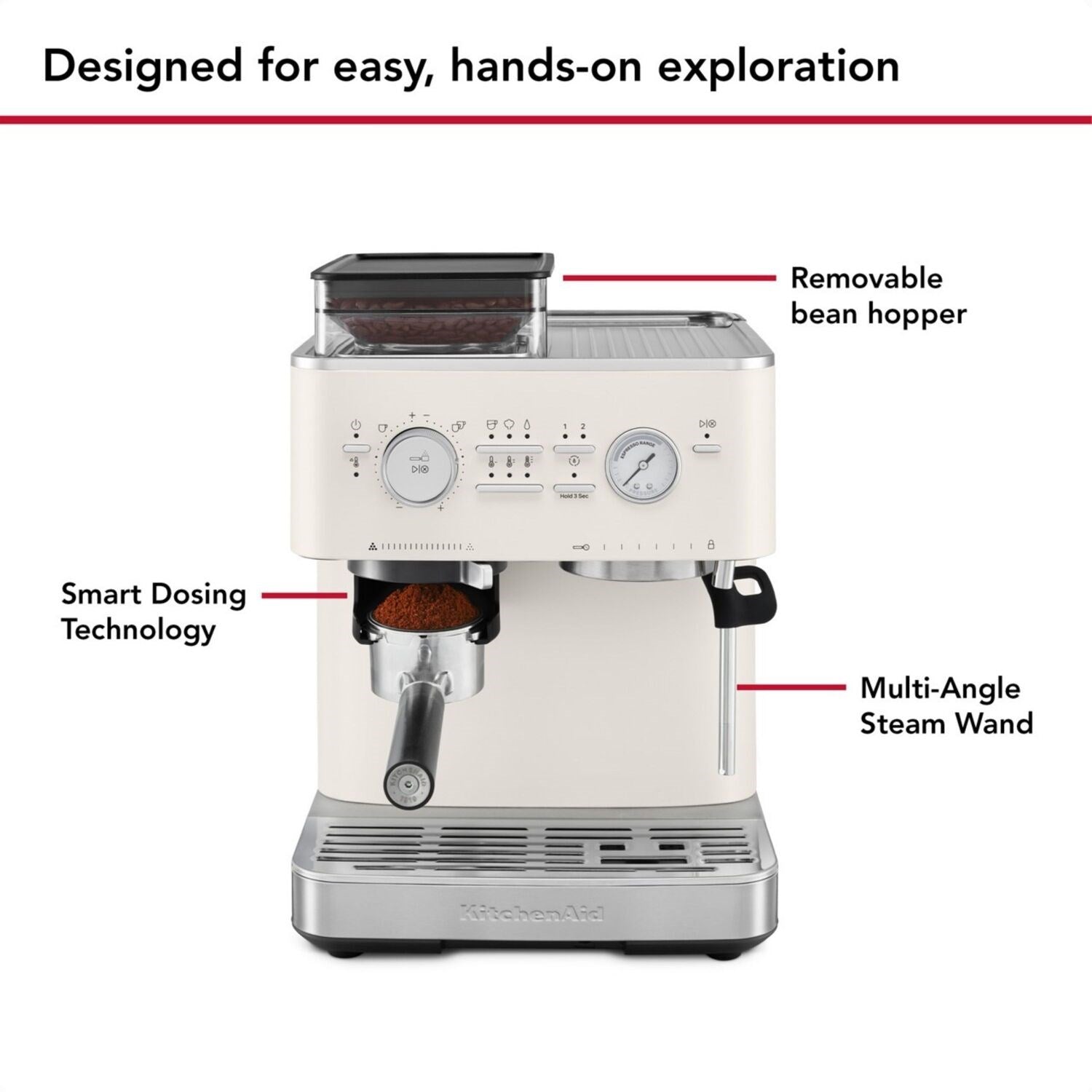 Porcelain white espresso machine with removable bean hopper and multi-angle steam wand
