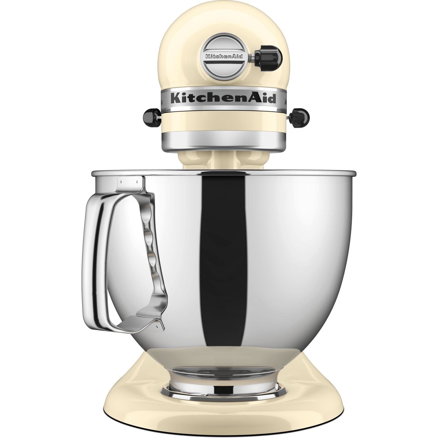 Almond cream stand mixer with stainless bowl, black front band, and KitchenAid logo