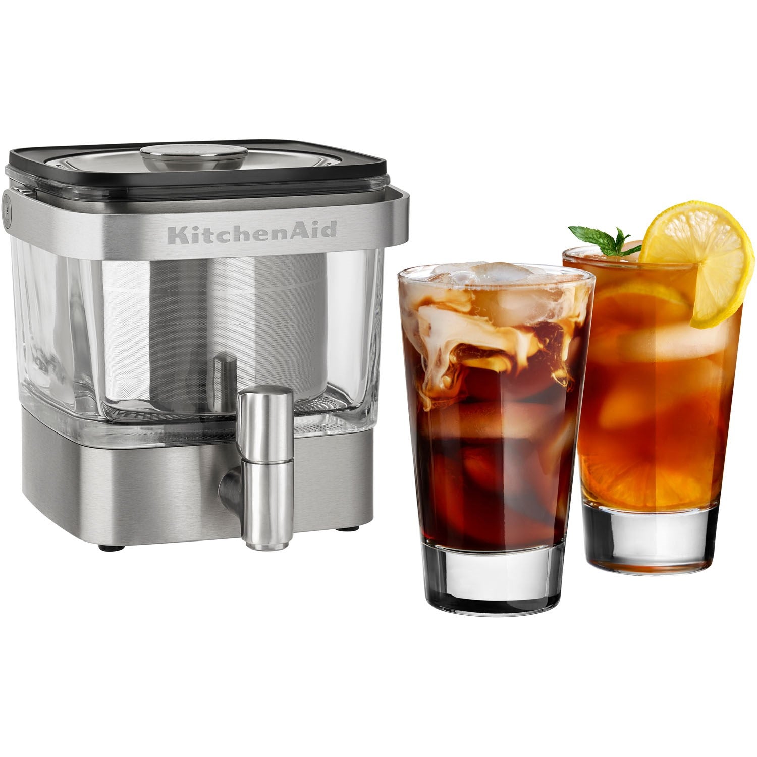 Brushed stainless cold brew maker with dispensing spout and two glasses of coffee