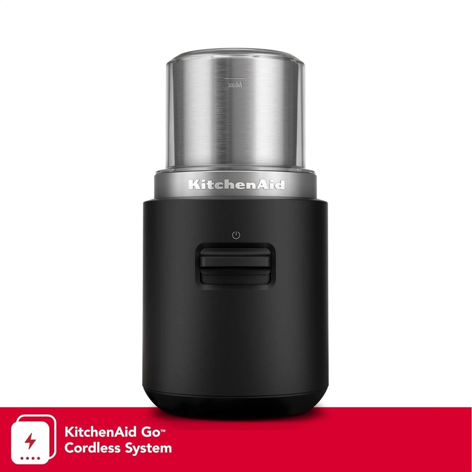 KitchenAid Go cordless coffee grinder with black base and stainless grinding chamber lid