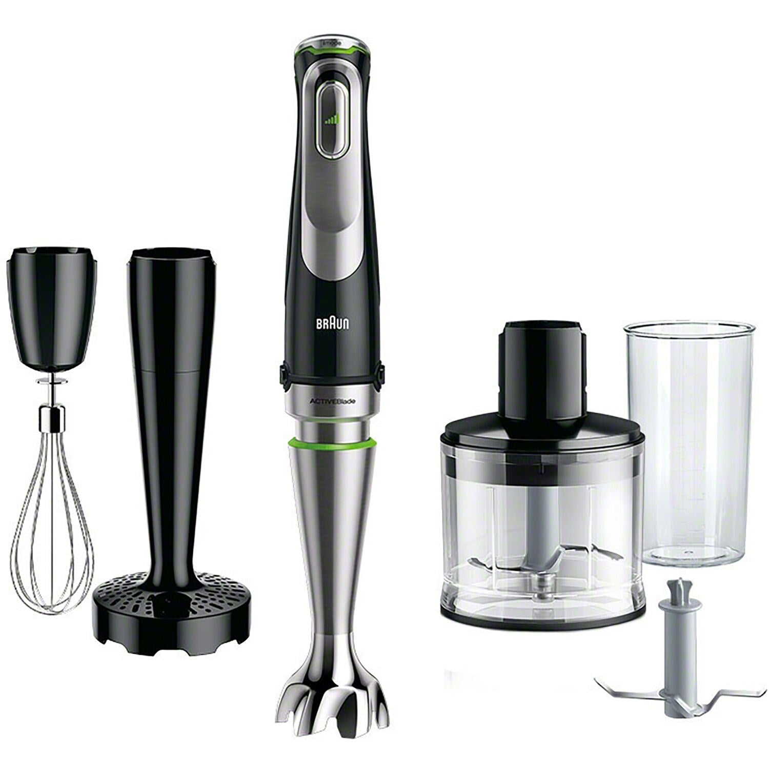 Braun hand blender kit with blending shaft, whisk attachment, and food chopper accessories.