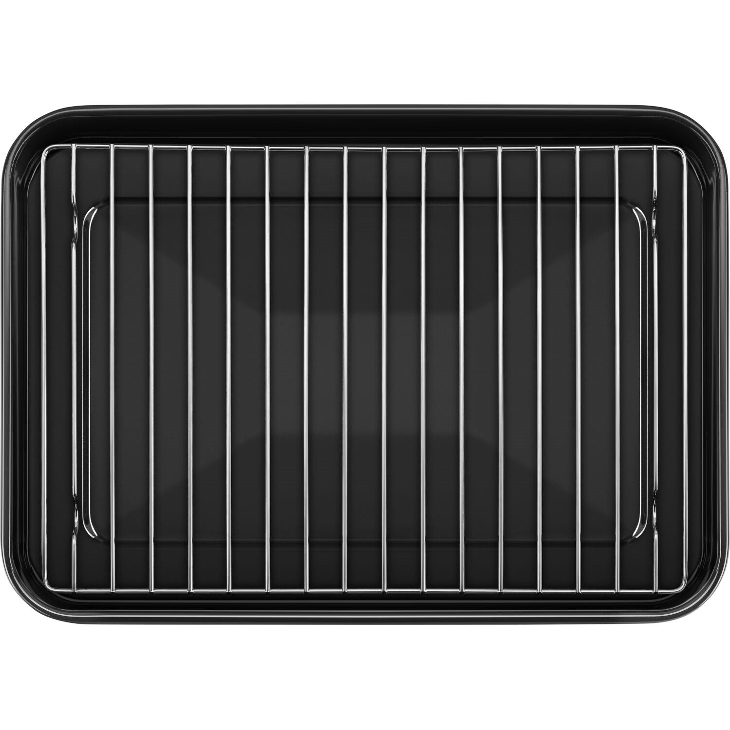 Black air fry rack insert with curved metal wires inside the oven cavity