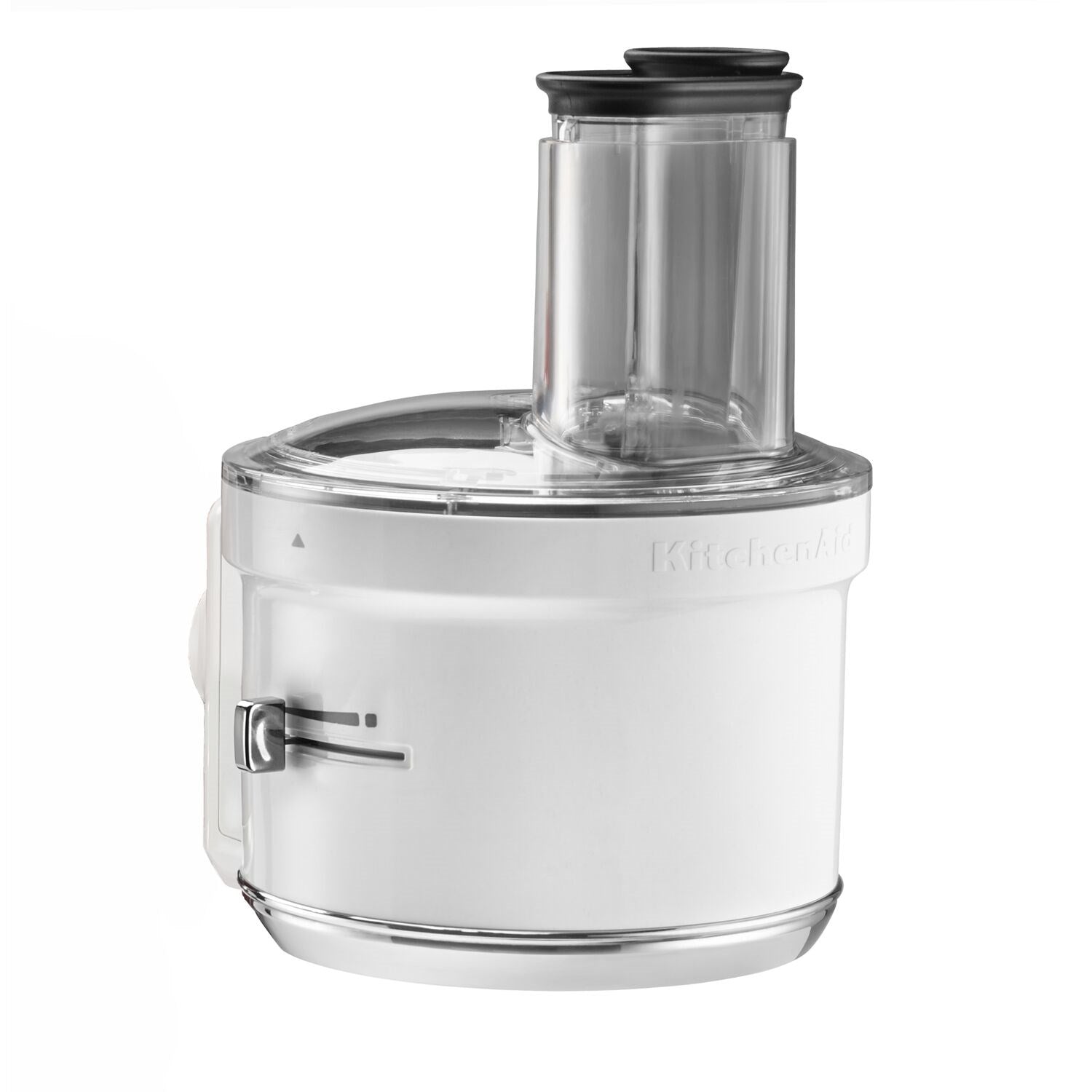 Stainless food processor attachment bowl with clear feed tube and black top