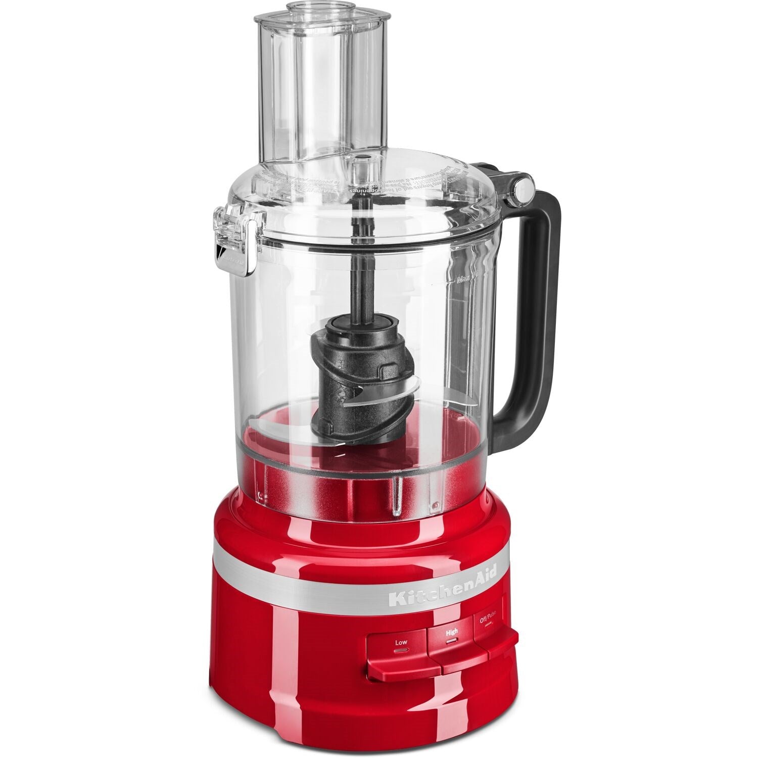 KitchenAid food processor with clear lid, red base, and black central blade assembly