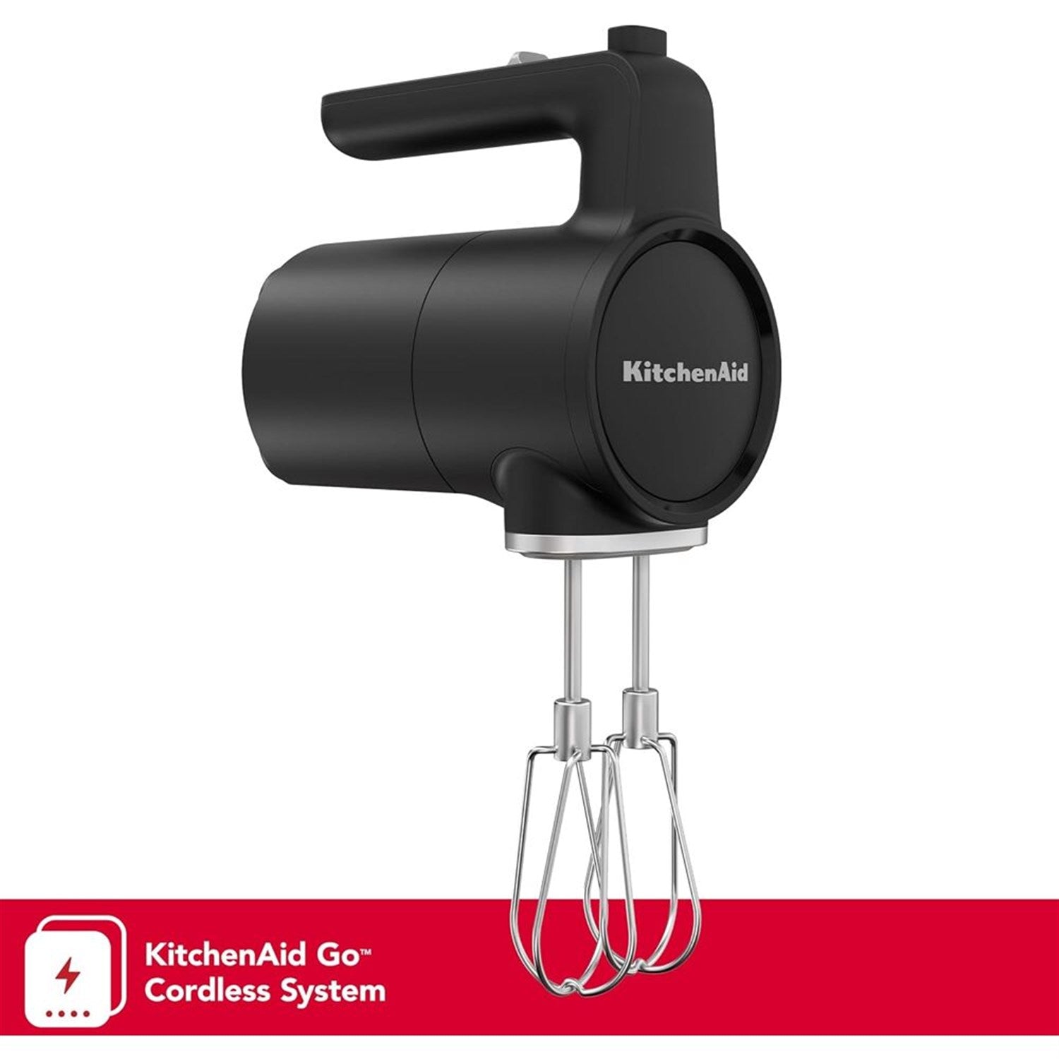KitchenAid cordless hand mixer front view in black matte with twin beaters