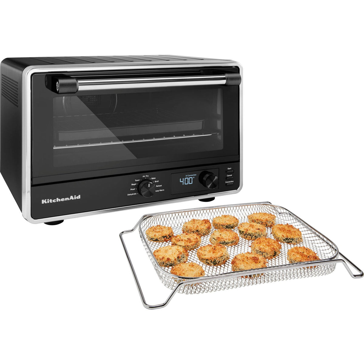 KitchenAid black countertop oven with wire air-fry rack and glass viewing door