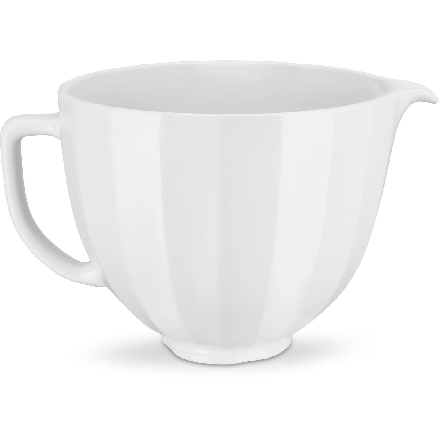 White ceramic mixing bowl with side handle and curved rim