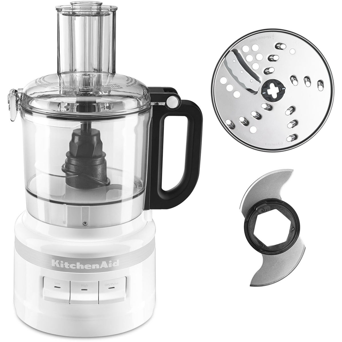 White 7-cup food processor with clear bowl and slice-shred blade attachments