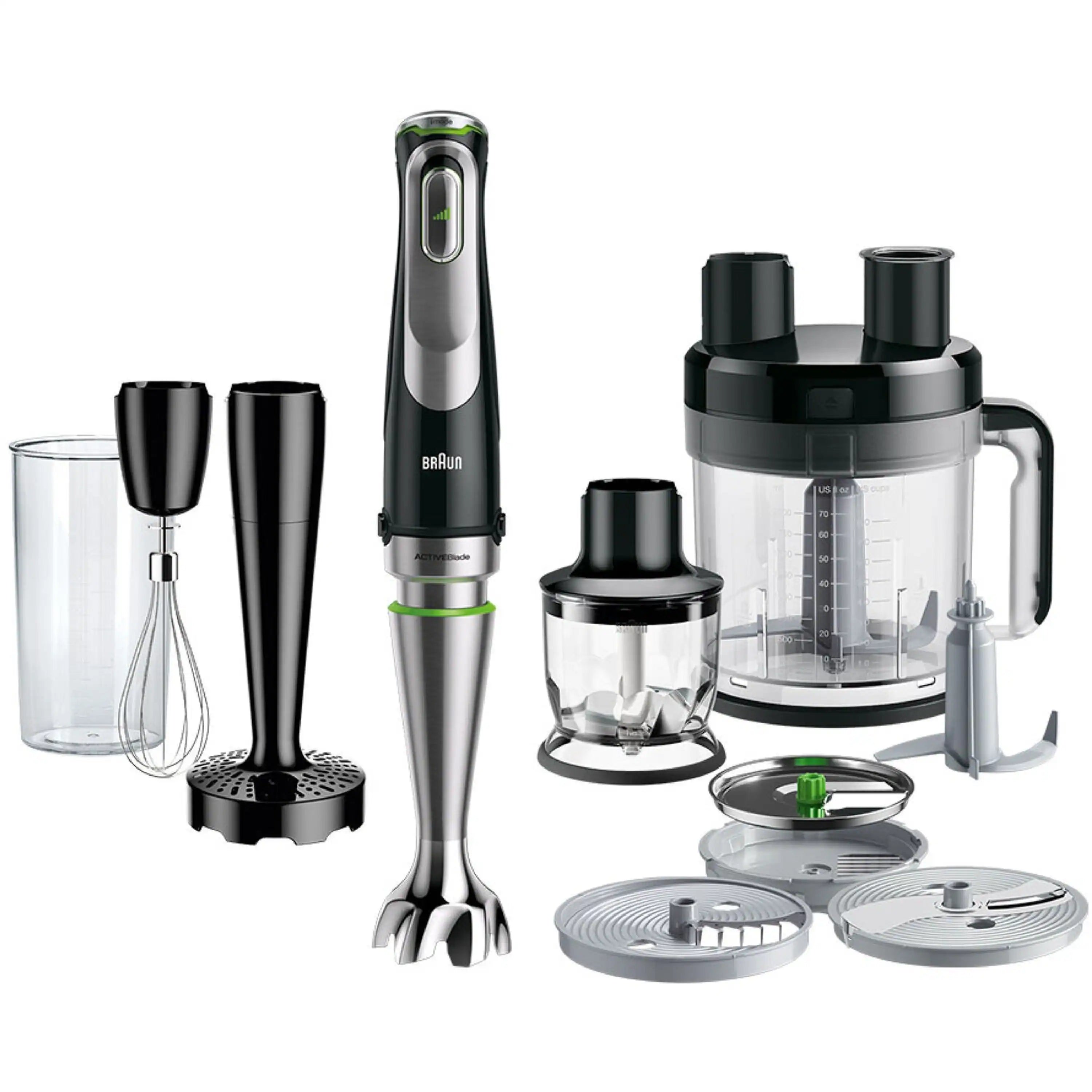 Braun hand blender set with whisk, chopper, cups, and attachments in silver/black