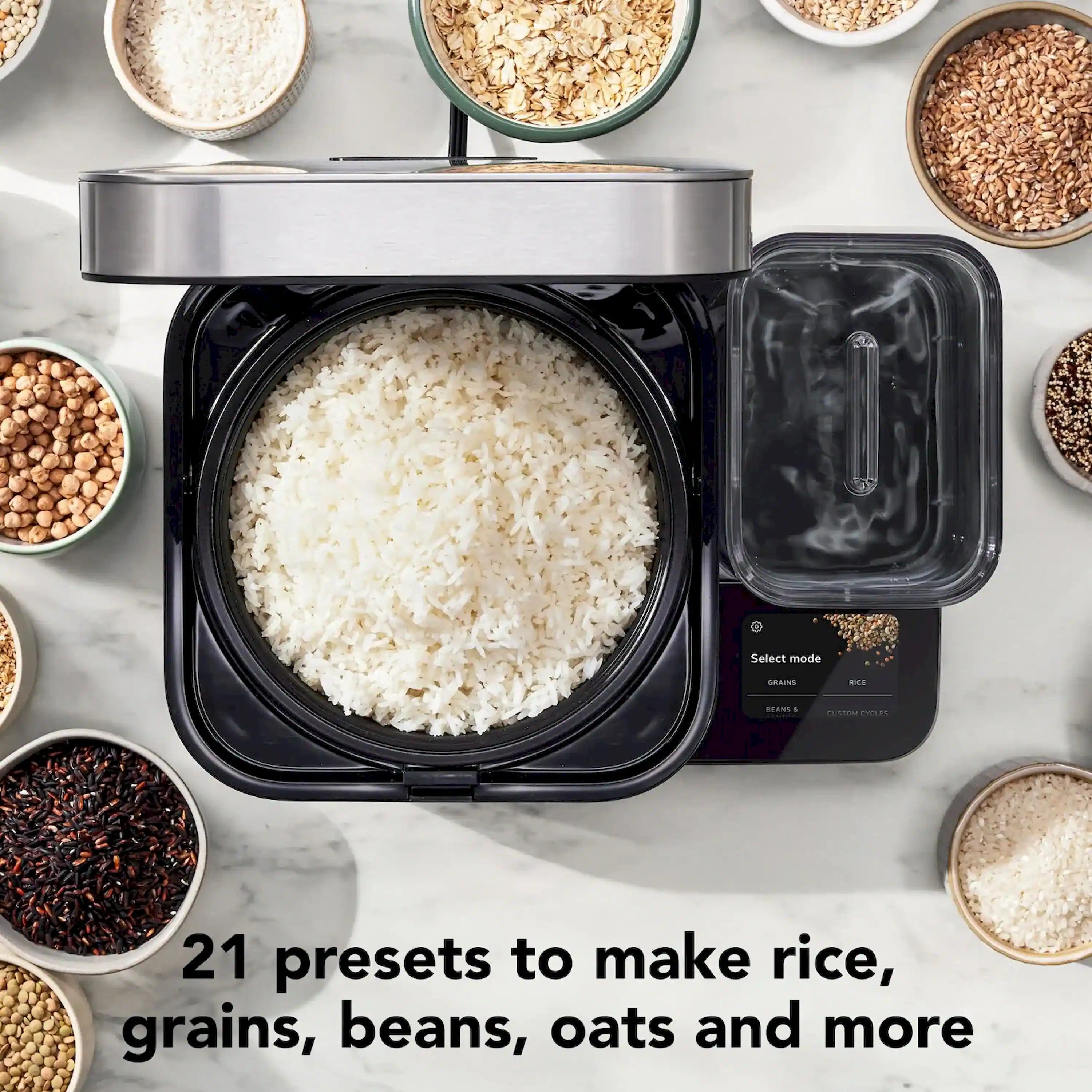 KitchenAid rice cooker top view with open cooking pot and control panel