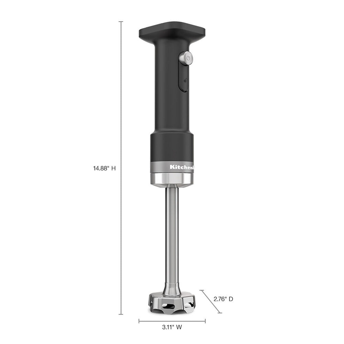 Cordless hand blender with black body and stainless steel blending shaft in size view.