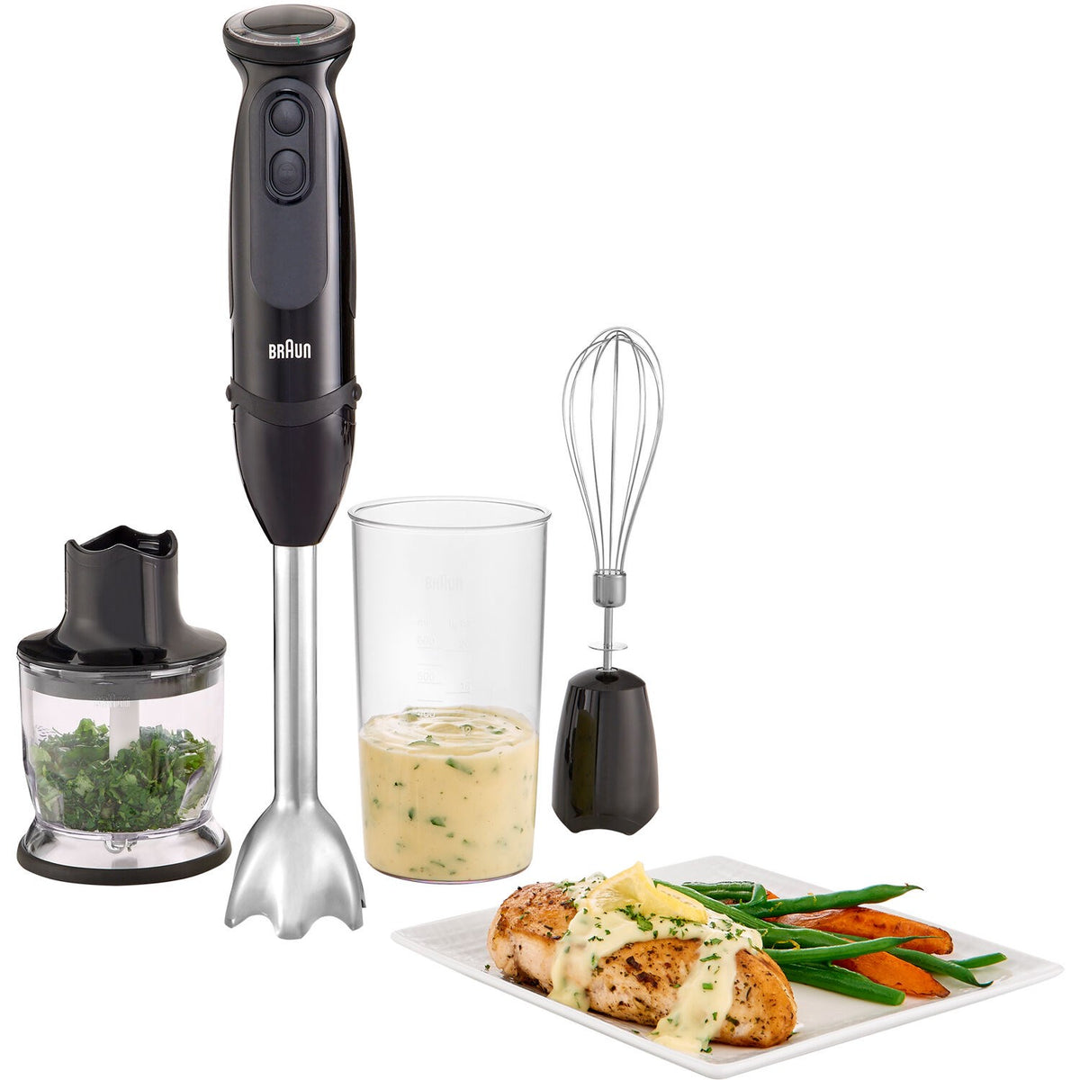 Braun hand blender kit with glass cup, chopper, whisk, and blending attachment.