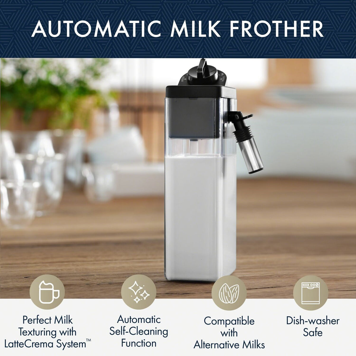Silver automatic milk frother with frothing nozzle and milk reservoir