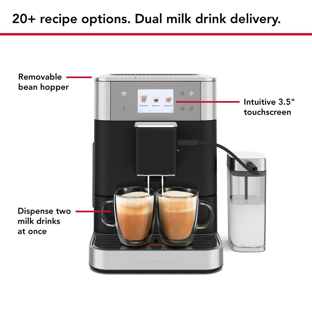 Black fully automatic espresso machine with dual-cup spouts and right milk container