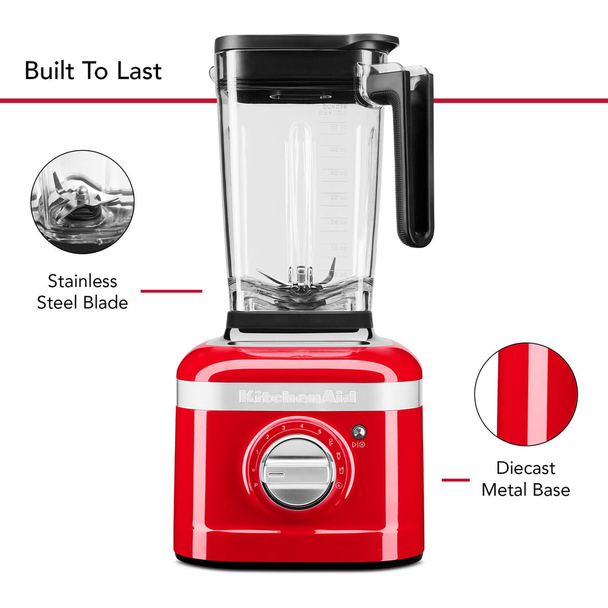 KitchenAid Passion Red blender with clear jar, stainless steel blade, dial controls