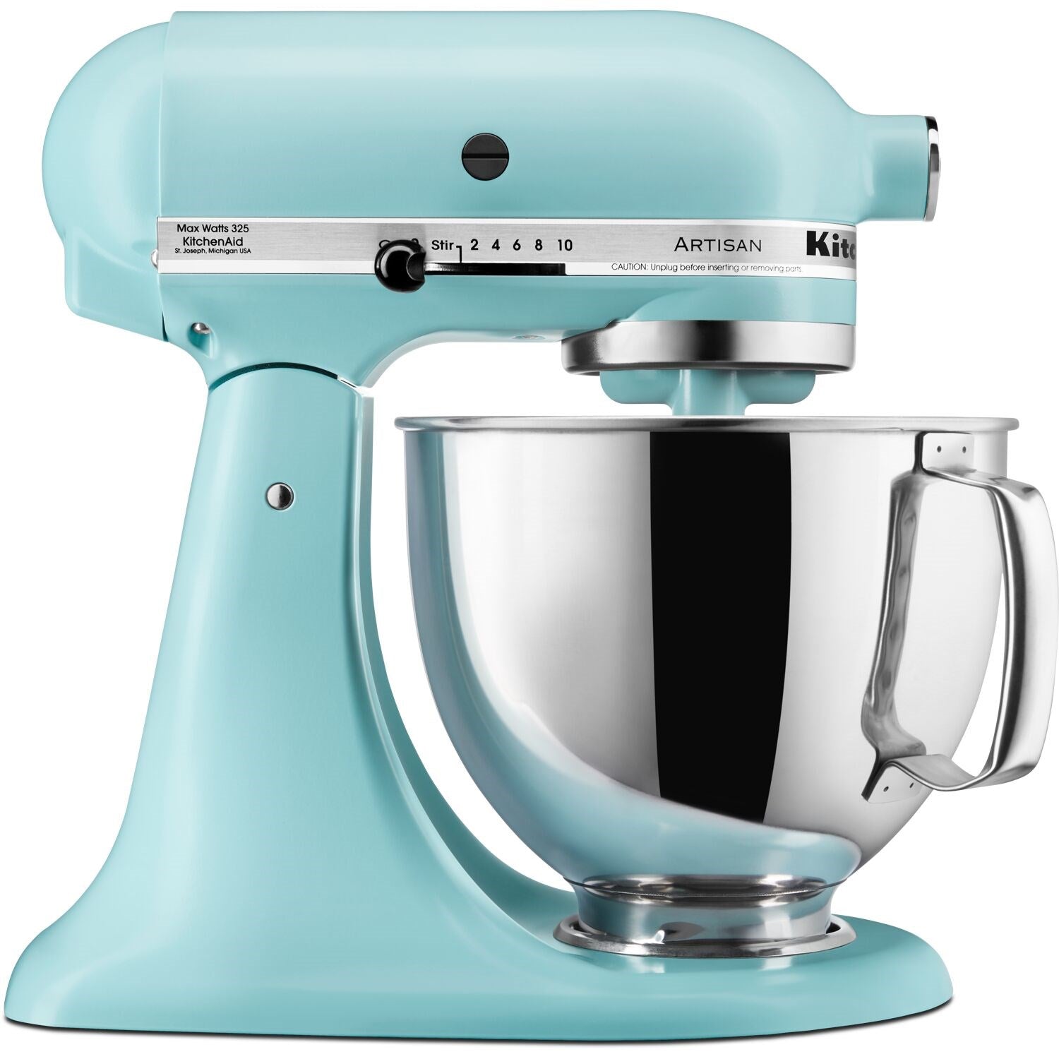 Mineral water blue tilt-head stand mixer with whisk, speed dial, and stainless bowl
